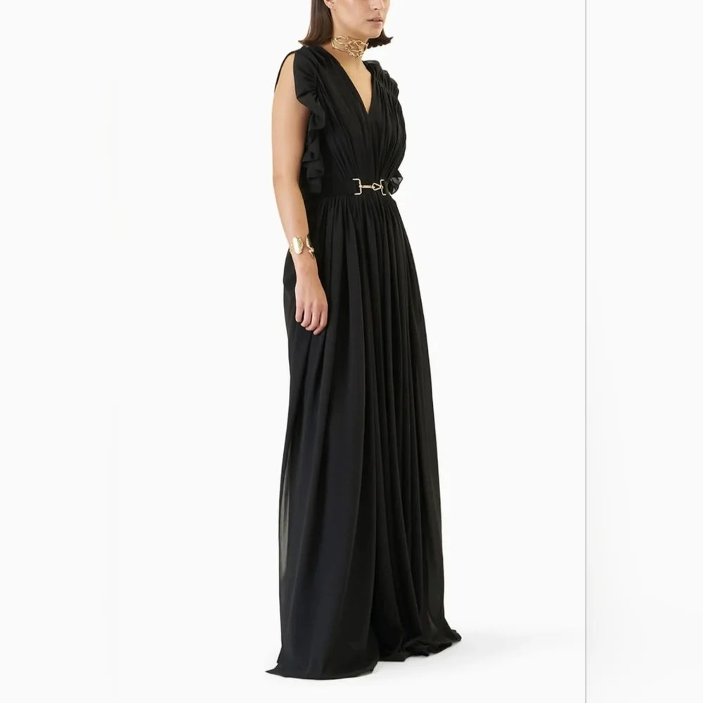 Lola by‎ Suman B Black Ruffled Draped Jumpsuit Size Med